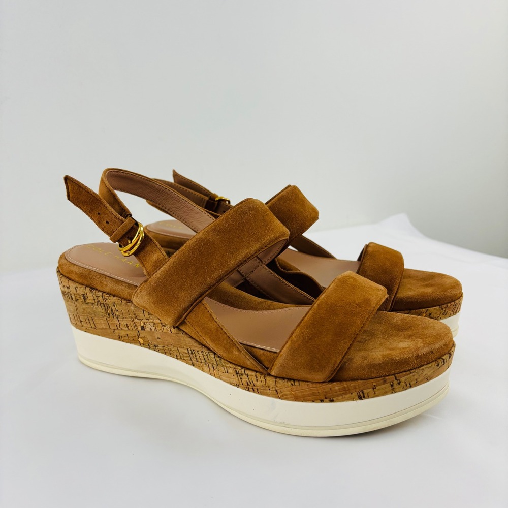 Cole Haan Women's Aislin Wedge Beige Sandal, Pecan Suede/Cork Sz 9.5B